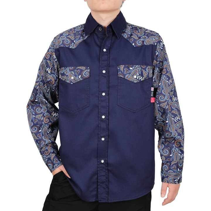 Clearance sale!⏰ Stylish & Safe! Men's Pearl Snap Welding Shirt - Two Tone FR Cotton with Hawaiian Paisley Pattern, NFPA 2112 Compliant Workwear