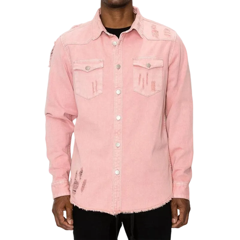 Men’s Distressed Denim Shirt – Heavyweight Button-Up with Pockets