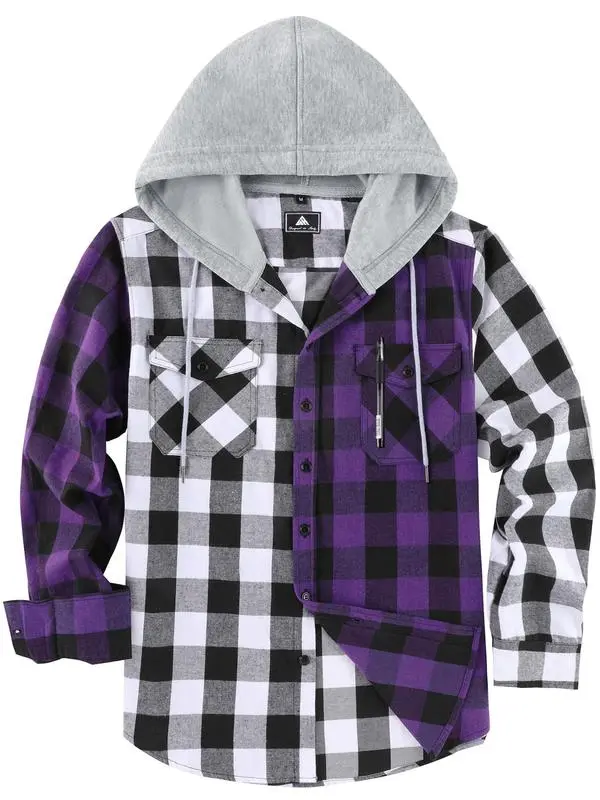 Men's Plaid Print Button Front Drawstring Hooded Shirt