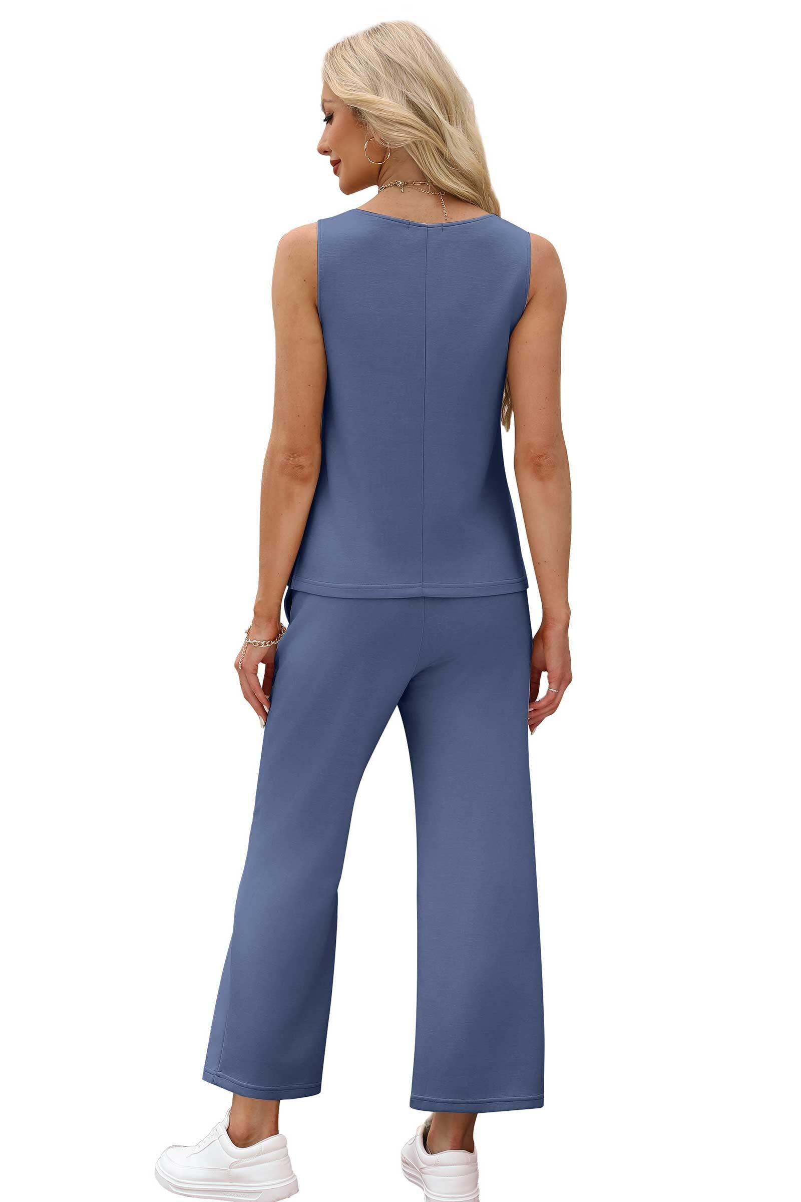 Two Piece Sets for Women Spring/Summer Lounge Sets-Crew neck sleeveless tops with wide leg crop pants