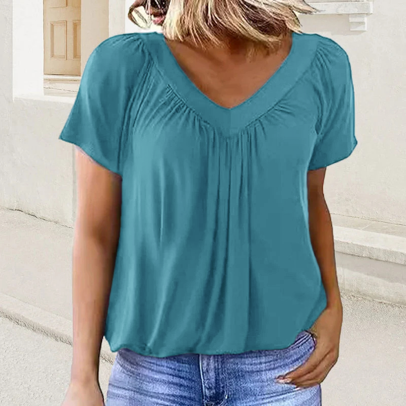 🎁Hot Sale 8 PACK $24.96⏳Women's Casual Pleated V-Neck Short-Sleeve Top