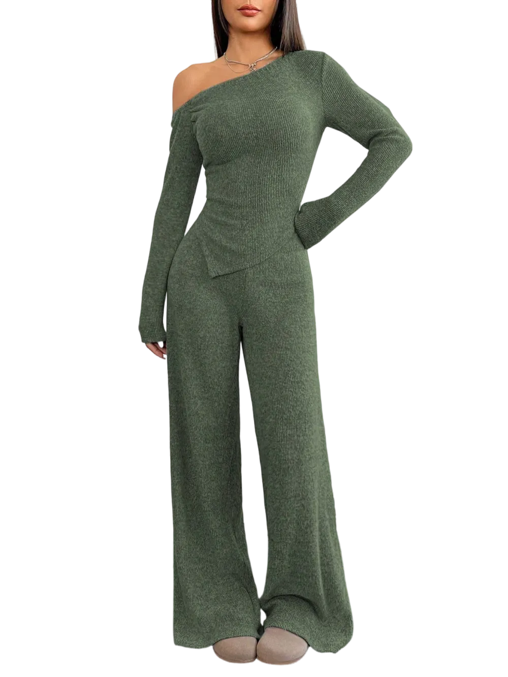 Women's Asymmetric Shoulder Top & Wide-Leg Pants Set