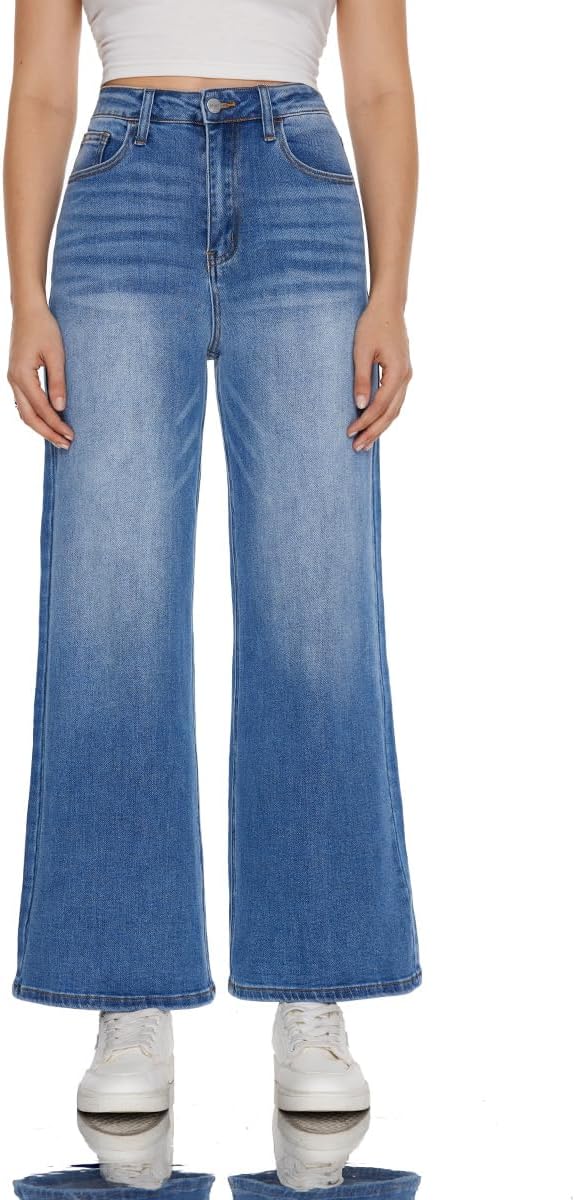 Mid-Low Rise Baggy Jeans Wide Leg for Women Distressed Pants Stretchy Bottom Lady Basic Comfortable Denim