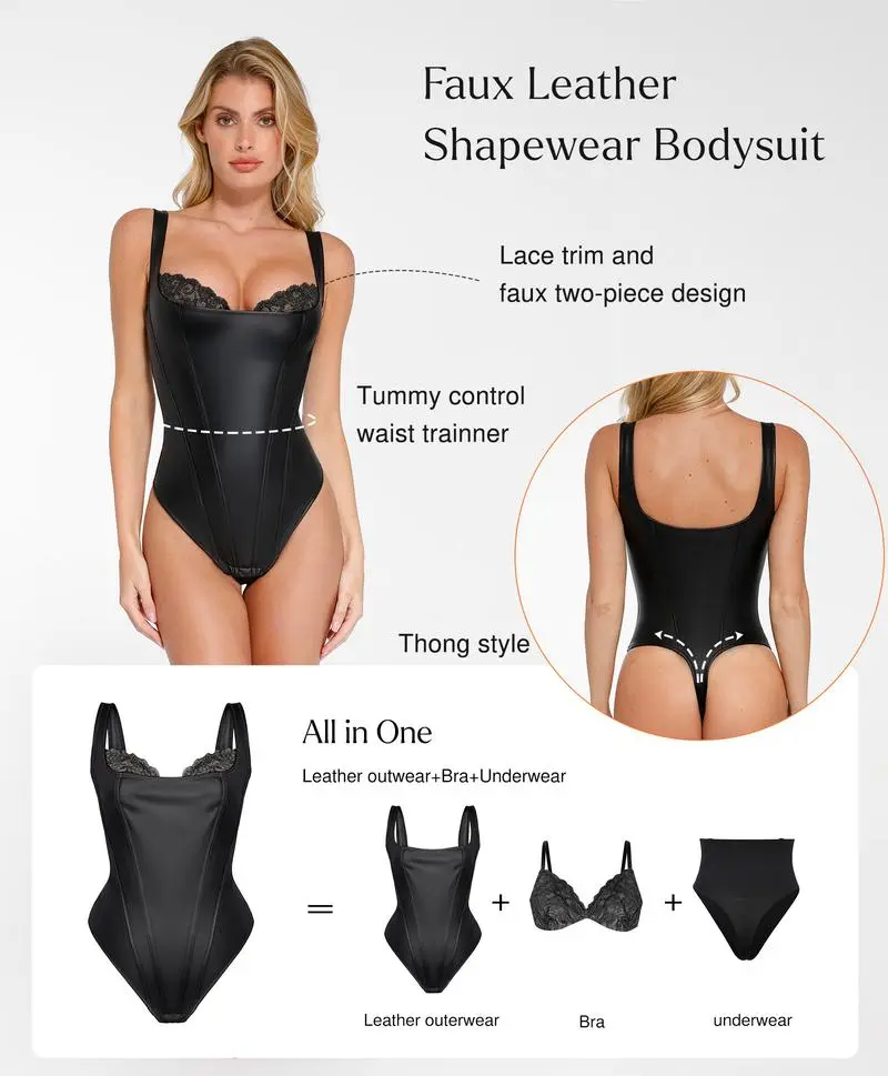 Women’s Faux Leather Corset Bodysuit with Lace Trim