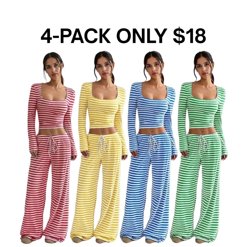 Women's 2 Piece Outfit Striped Square Neck Long Sleeve Crop Tops and Pants Set
