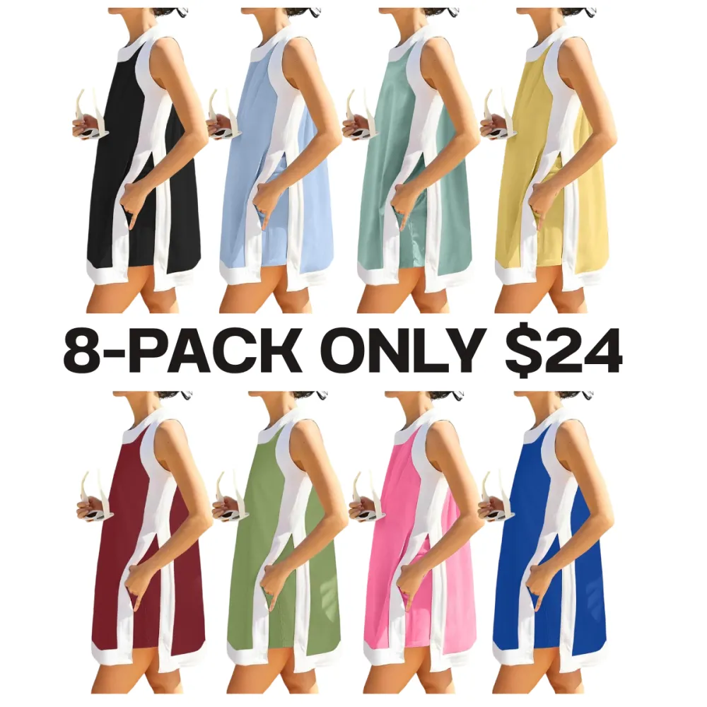 Women‘s Casual Two-Piece Set – Color Block Sleeveless Pullover Top & Matching Shorts with Pockets