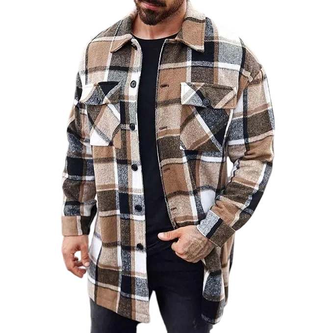 Men's Plaid Long Loose-Fit Coat