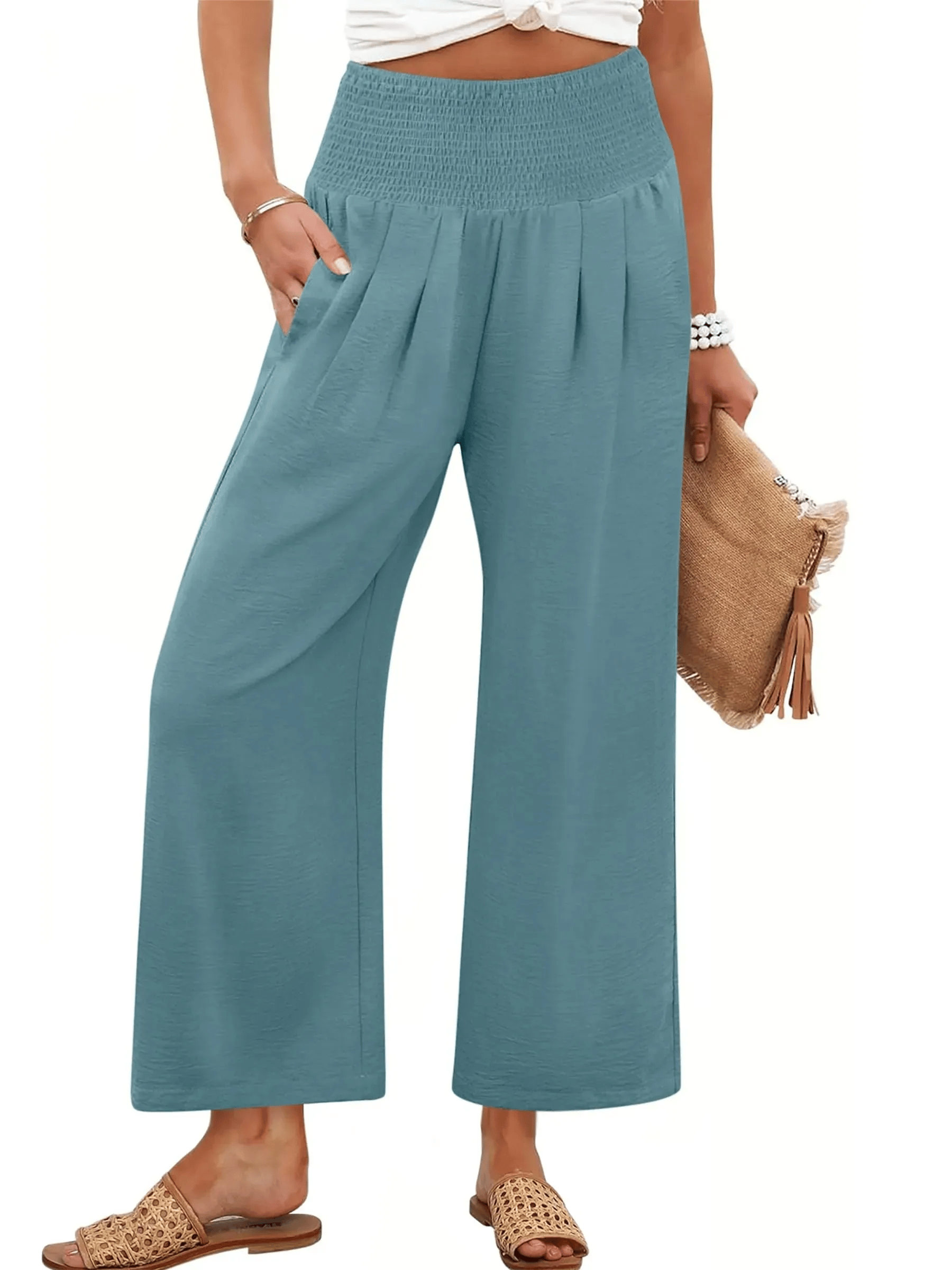 Women's Smocked Waist Wide Leg Palazzo Pants   Linen Trousers Solid Color Summer Pants Ladies Loose Fit Casual Wide Leg Pants with Pockets Lightweight Palazzo Long Pants Casual Beach Holiday