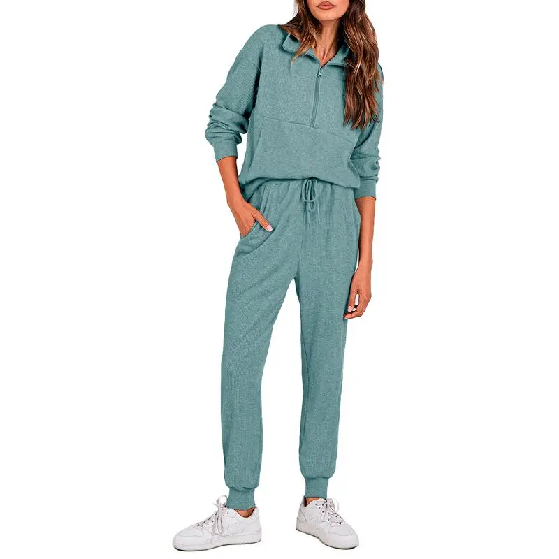 Women's 2-Piece Ribbed Half-Zip Sweatshirt & Jogger Pants Set