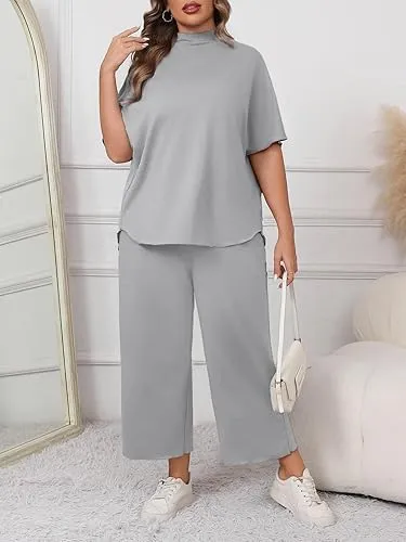 Women’s Casual Two Piece Outfit – 3/4 Sleeve Top & Wide Leg Pants