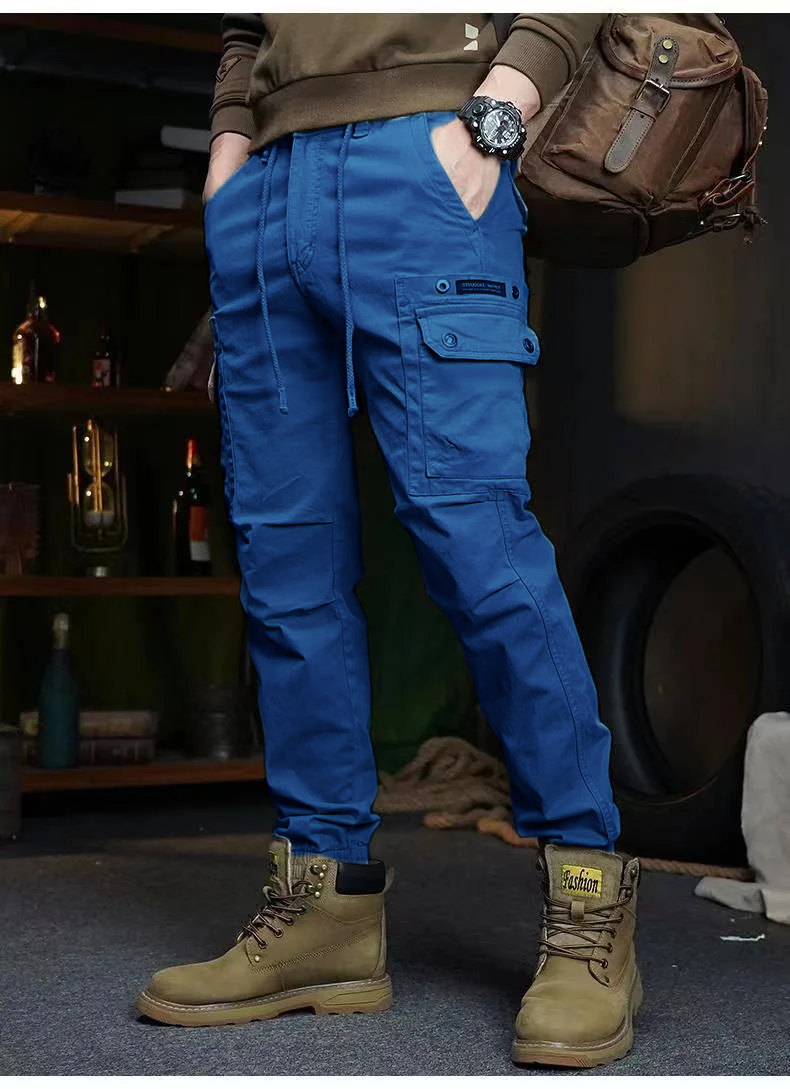 Men's Outdoor New Fashion Trend all Tie Leg Biker Overalls Men's Cargo Pants Tactical Military Pants Work Army Cotton Trousers with Multi-Pockets Men's Trousers