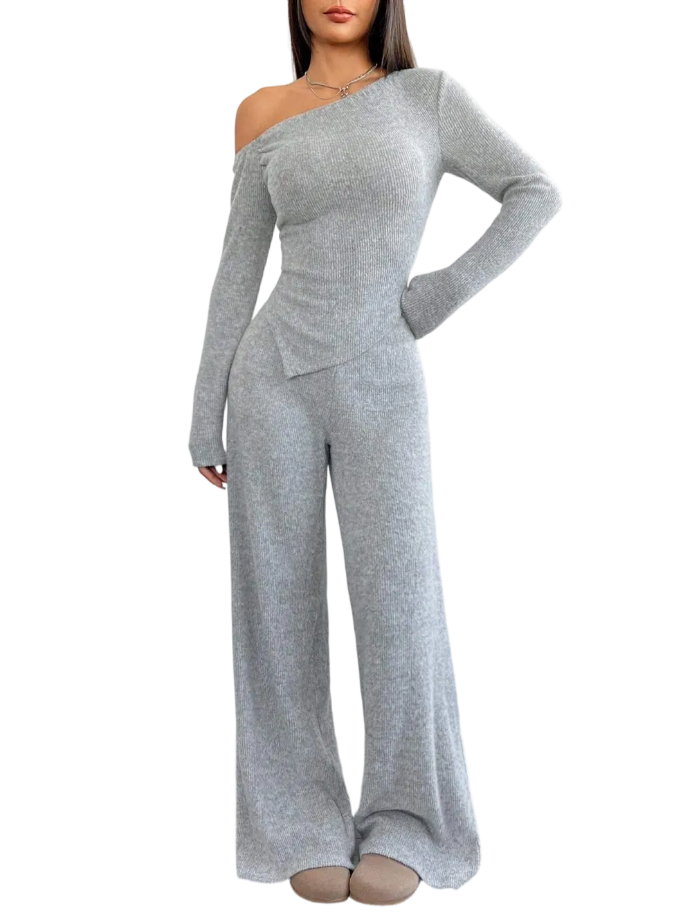 Women's Asymmetric Shoulder Top & Wide-Leg Pants Set