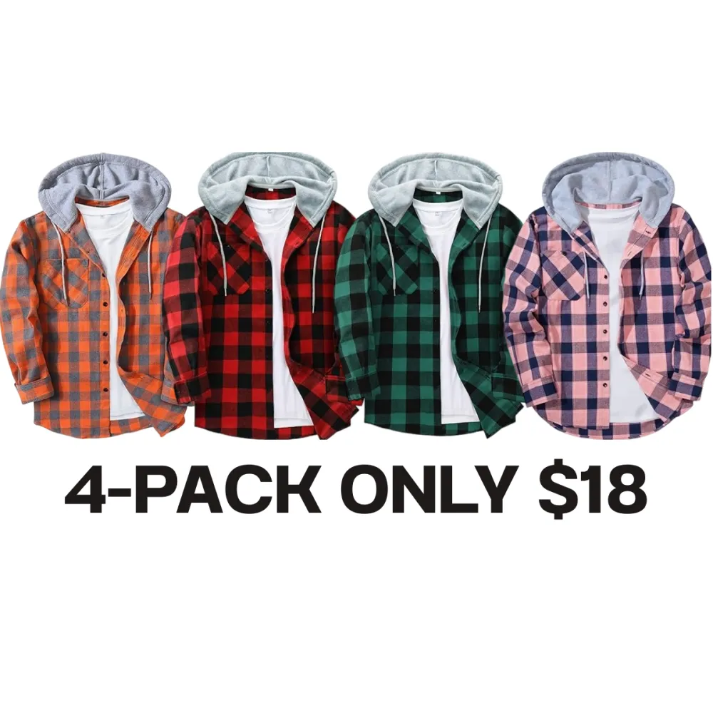 Men's Plaid Print Button Front Drawstring Hooded Shirt