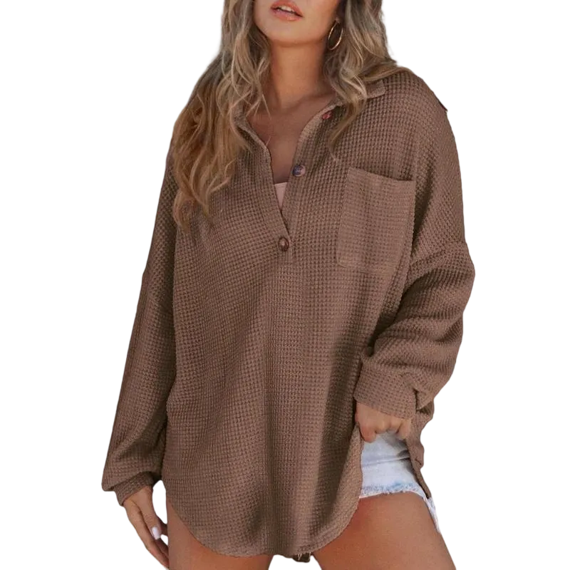 Women's Waffle Henley Shirt Tops