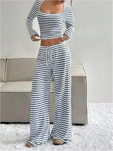 Women's 2 Piece Outfit Striped Square Neck Long Sleeve Crop Tops and Pants Set