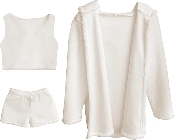 Women's 3-Piece Plush Pajama Set: Drop Shoulder Hoodie, Crop Top & Shorts