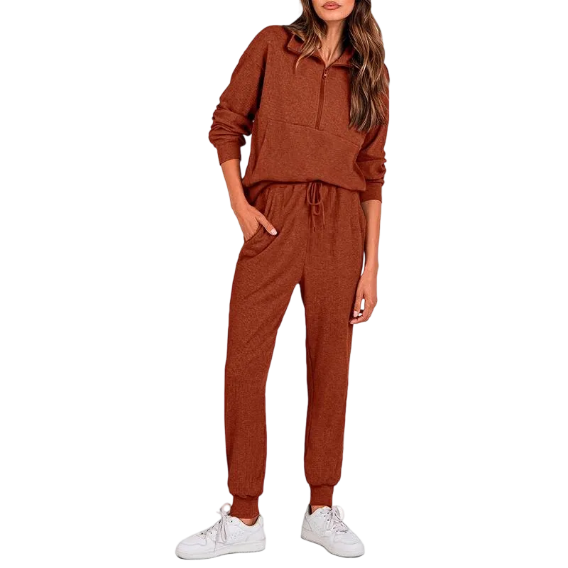 Women's 2-Piece Ribbed Half-Zip Sweatshirt & Jogger Pants Set