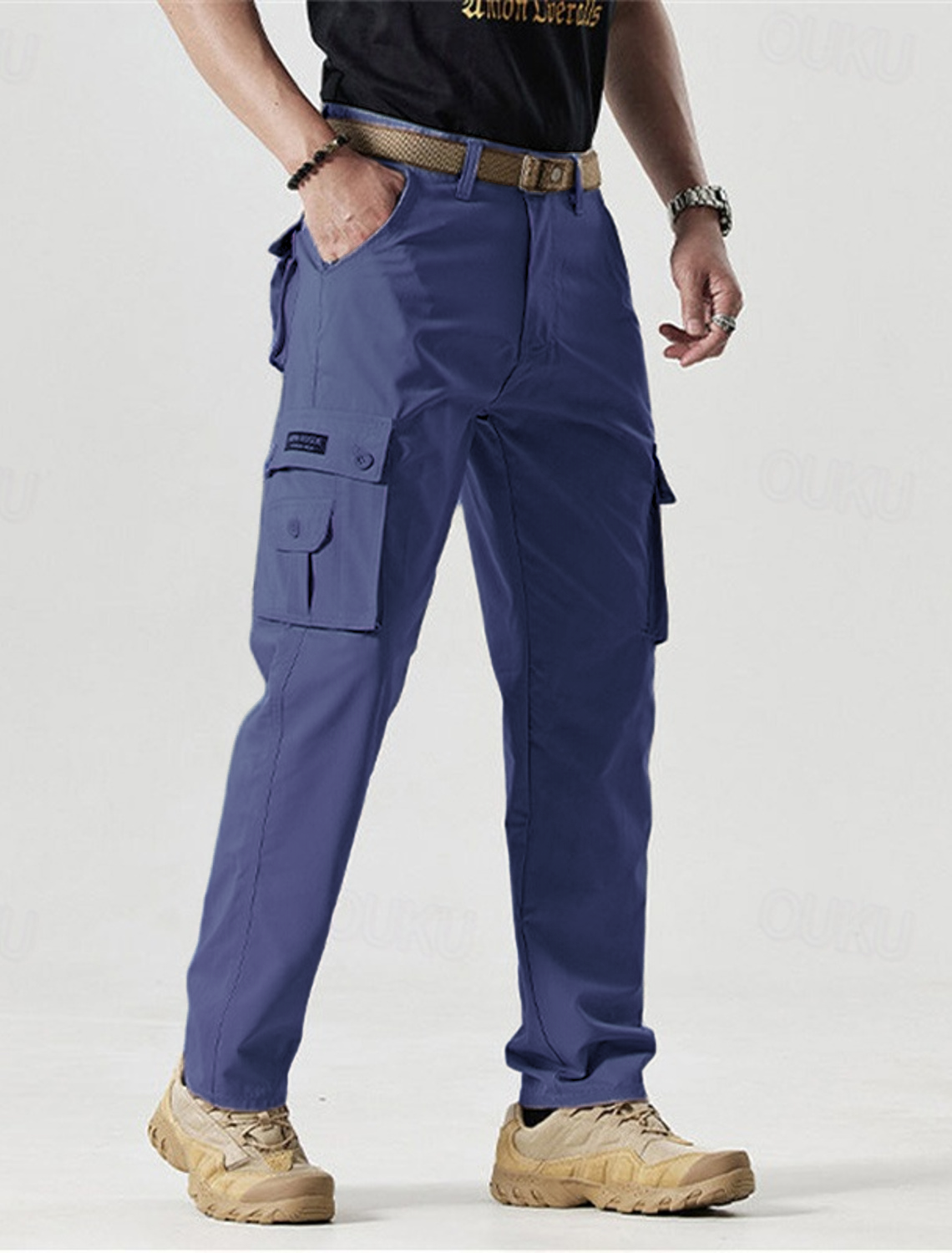 2025 Hot Sale-Men's Solid Color Patched Zipper Fly Cargo Pants