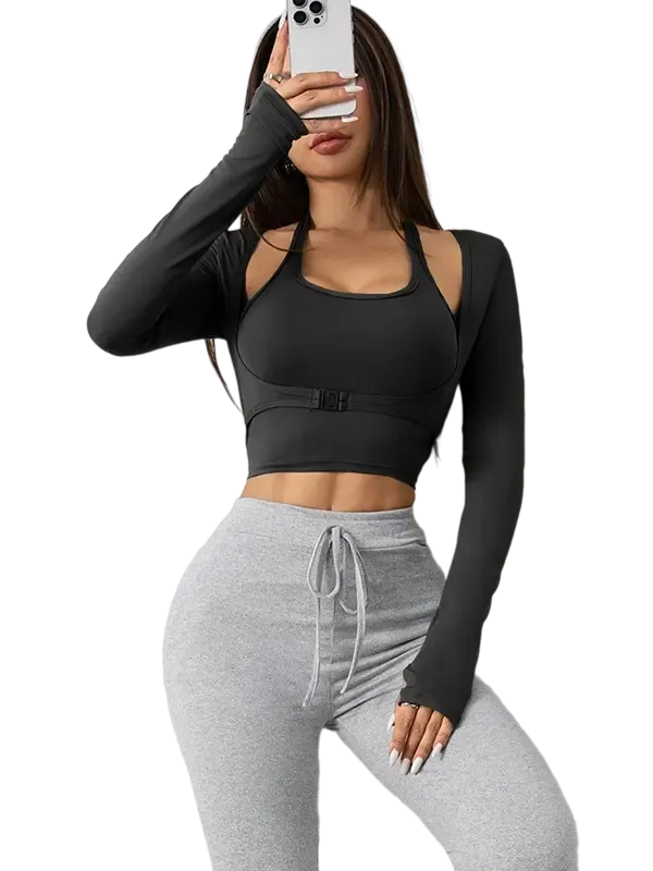 Women’s Halter & Thumb Hole Sports Top Set– Sleeveless & Buckle Front for Gym & Yoga