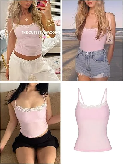 Women’s Padded Lace Cami Top – Double Lined Sexy Spaghetti Strap Tank