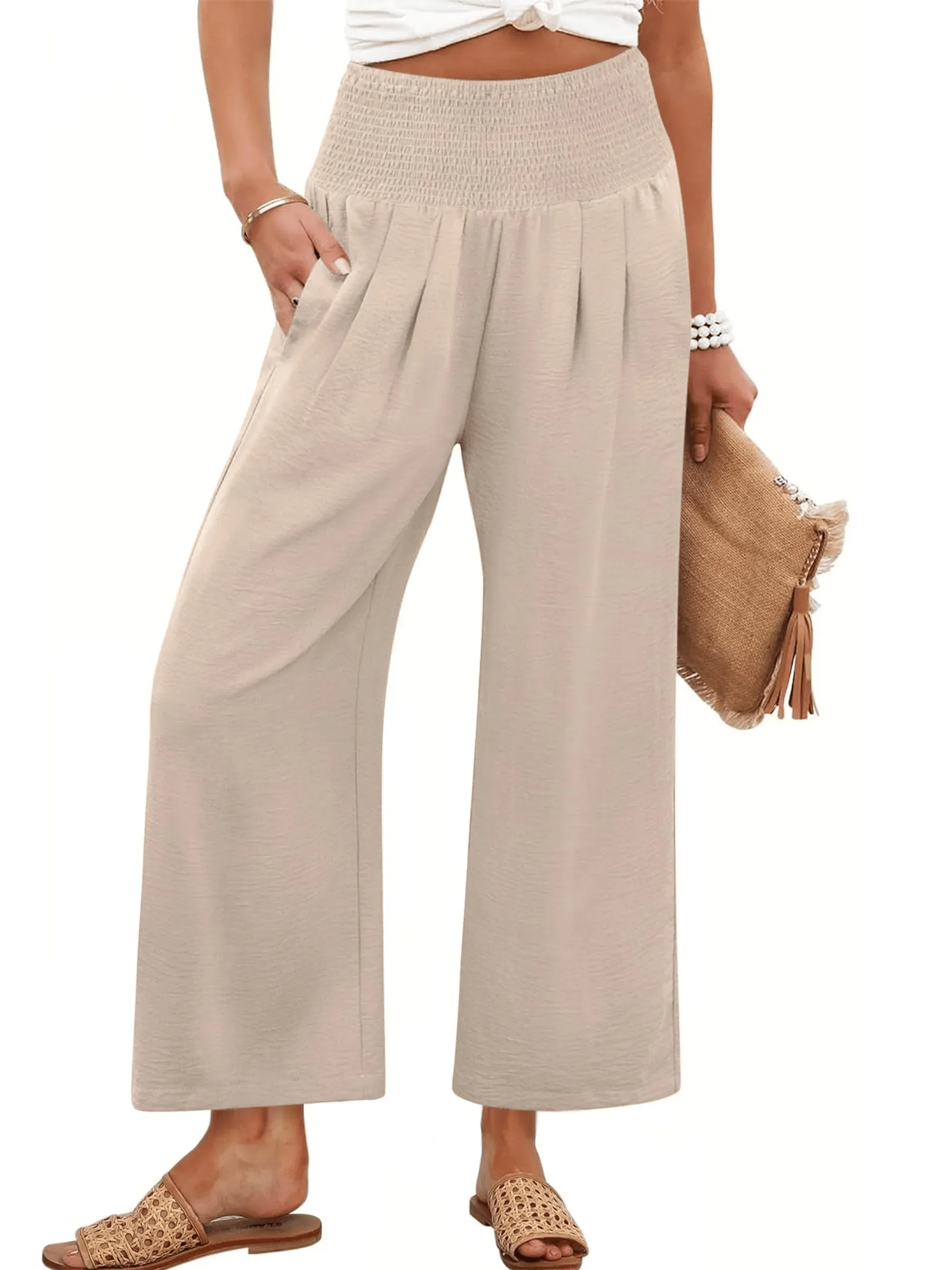 Women's Smocked Waist Wide Leg Palazzo Pants   Linen Trousers Solid Color Summer Pants Ladies Loose Fit Casual Wide Leg Pants with Pockets Lightweight Palazzo Long Pants Casual Beach Holiday
