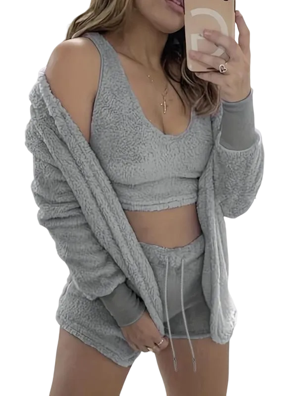 Women's 3-Piece Plush Pajama Set: Drop Shoulder Hoodie, Crop Top & Shorts