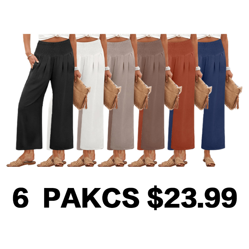 Women's Smocked Waist Wide Leg Palazzo Pants   Linen Trousers Solid Color Summer Pants Ladies Loose Fit Casual Wide Leg Pants with Pockets Lightweight Palazzo Long Pants Casual Beach Holiday
