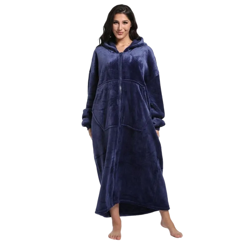 Flannel Sherpa Lined Pajamas Long Hooded Robe Zipper Front