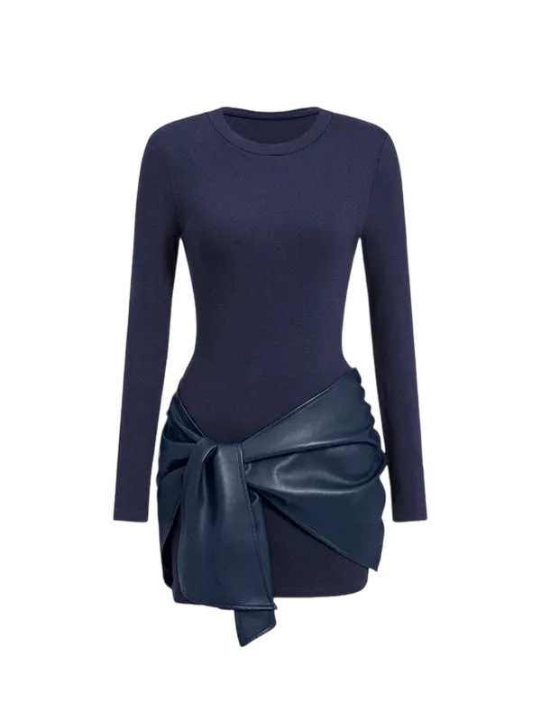 Women's Patchwork Knot Side Long Sleeve Dress