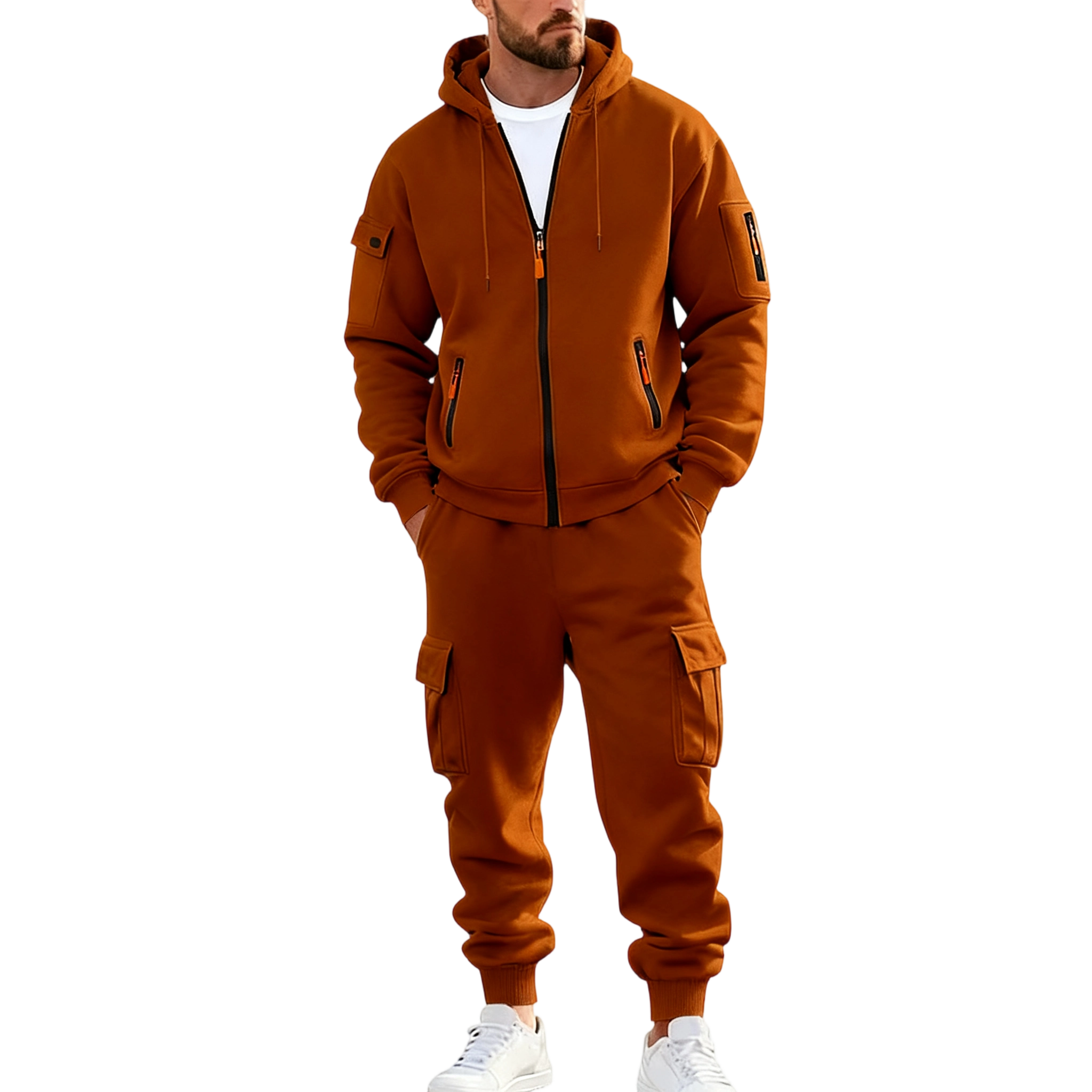 Men's Winter Fleece-Lined Hoodie & Drawstring Pants Set Warm Casual Long-Sleeve Top & Bottoms Multi-Pocket Design