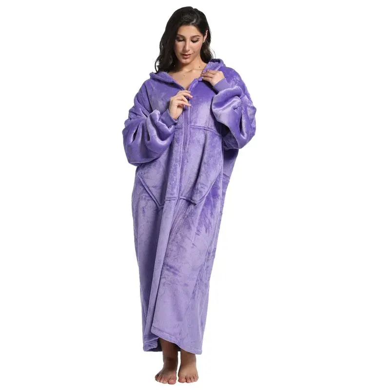 Flannel Sherpa Lined Pajamas Long Hooded Robe Zipper Front