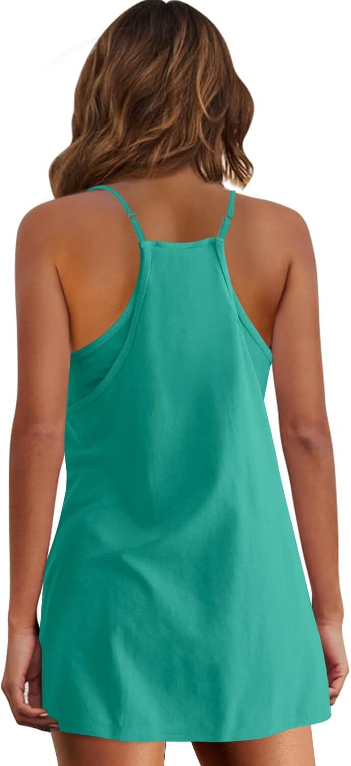 Womens Summer Sleeveless Mini Dress V Neck Spaghetti Strap Sundress Athletic Short Dress with Pockets