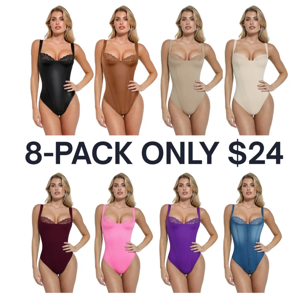 Women’s Faux Leather Corset Bodysuit with Lace Trim