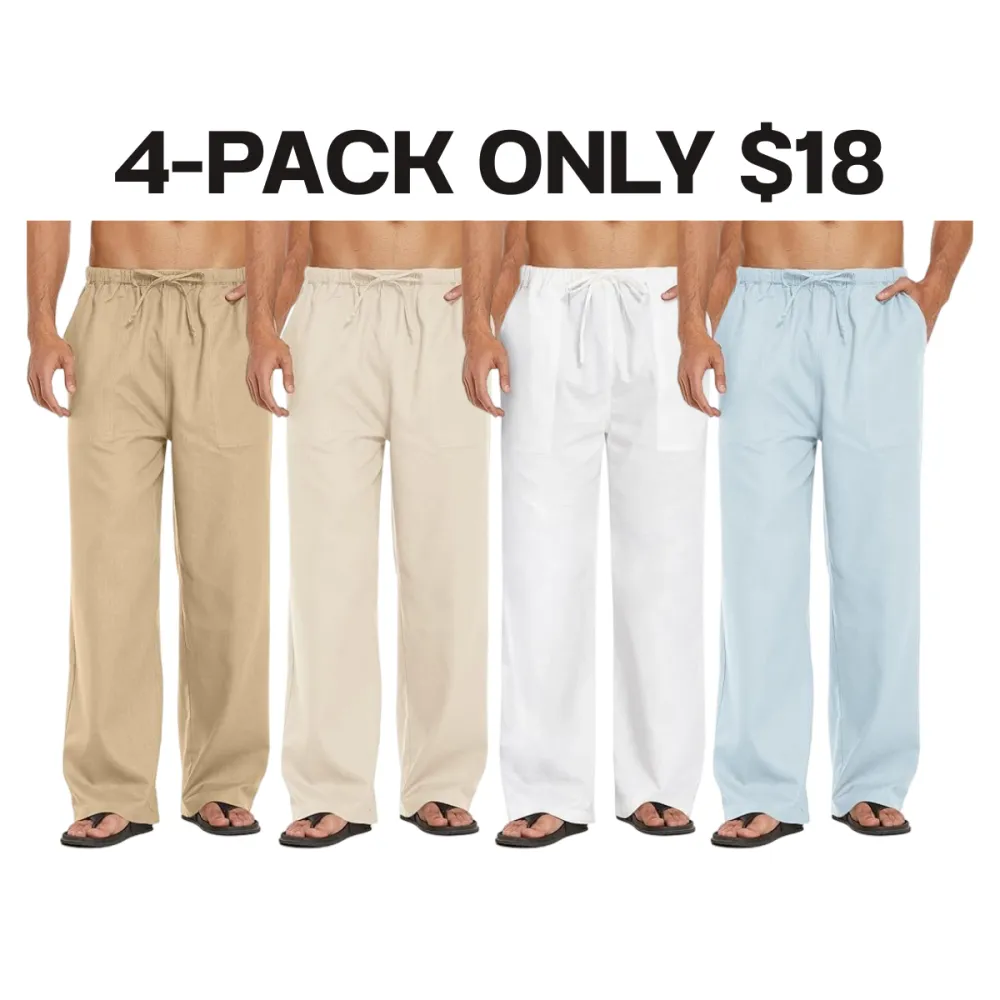 Mens Casual Linen Pants Elastic Waist Linen Pants
