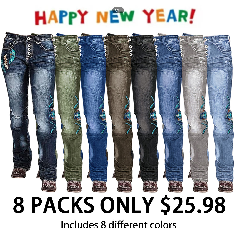 Women Floral Bootcut Jeans Mid Waist Ripped Jeans Vintage Denim Pants with Pockets