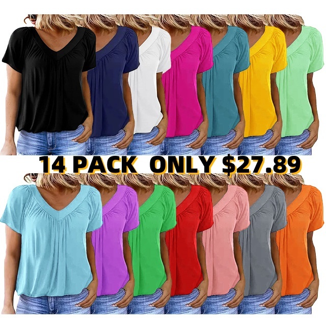 🎁Hot Sale 8 PACK $24.96⏳Women's Casual Pleated V-Neck Short-Sleeve Top