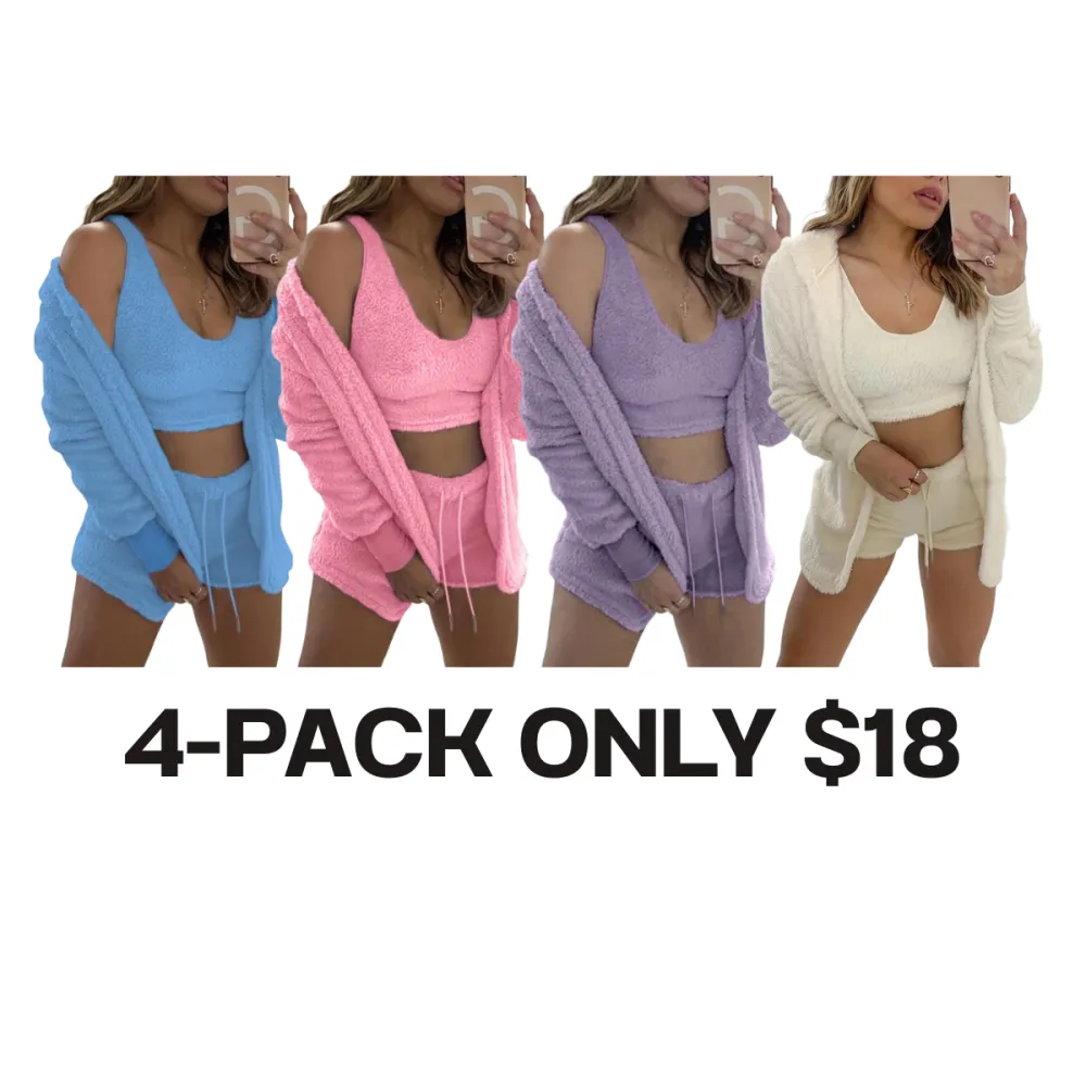 Women's 3-Piece Plush Pajama Set: Drop Shoulder Hoodie, Crop Top & Shorts