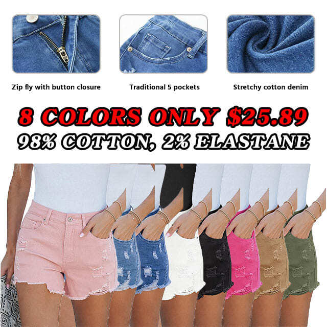 🔥Women's High Waisted Stretchy Distressed Denim Shorts Ripped Frayed Raw Hem