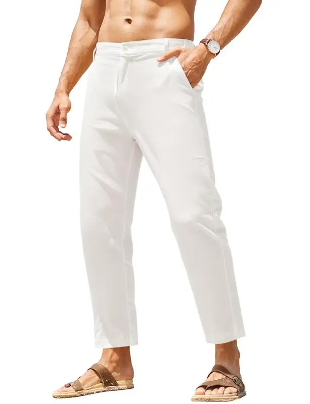 Mens Casual Linen Pants Elastic Waist Linen Pants