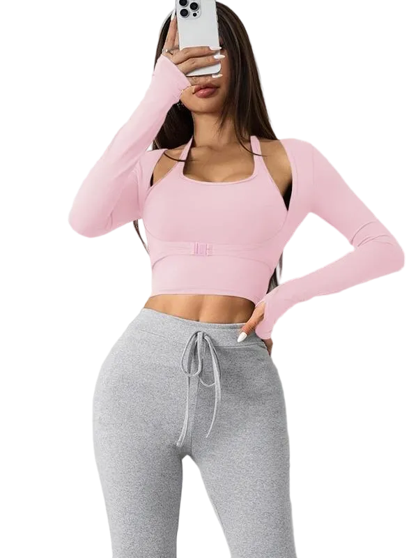 Women’s Halter & Thumb Hole Sports Top Set– Sleeveless & Buckle Front for Gym & Yoga