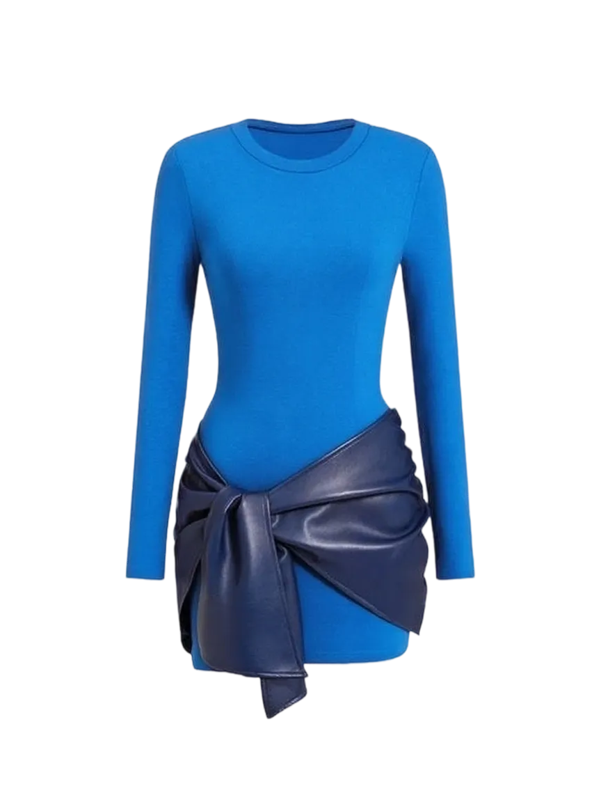 Women's Patchwork Knot Side Long Sleeve Dress