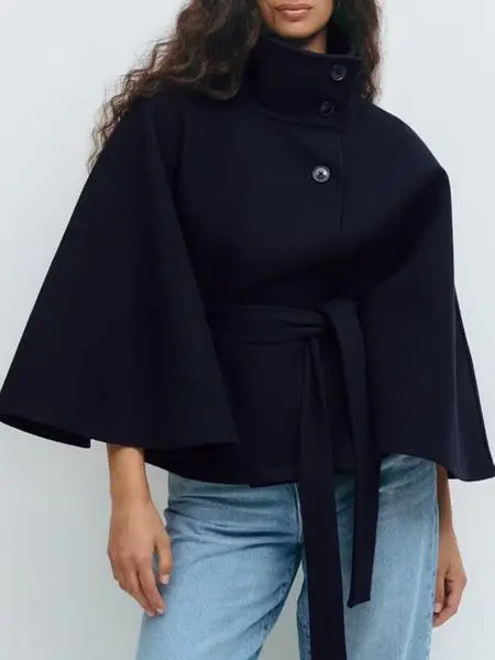 Women's Plain Front Buckle Belted Woolen Cape Coat