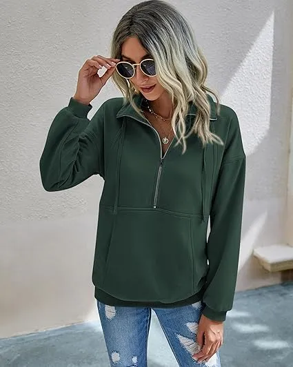 Women’s Soft Long Sleeve Drawstring Pullover Casual Loose Sweatshirt With Zipper