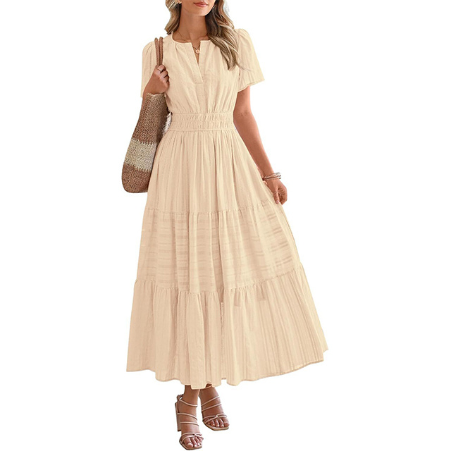 Women's Spring And Summer Lightweight Short Sleeve V Casual Midi Maxi Dresses
