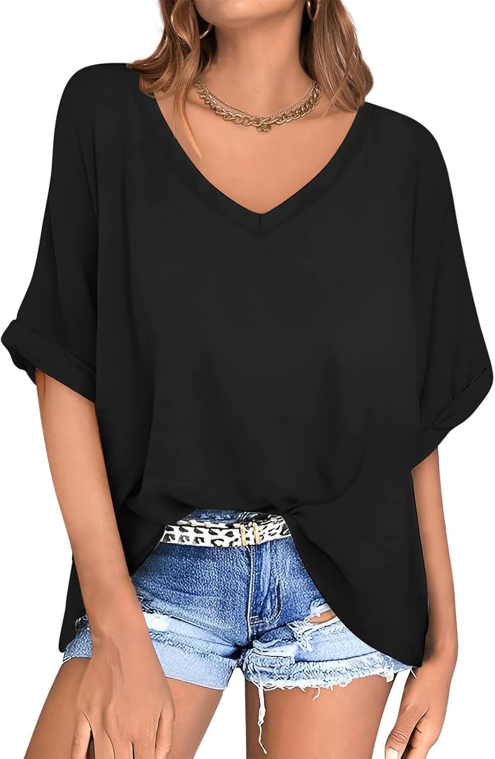 🔥Summer Deals!Womens Oversized T-Shirts Summer V Neck Casual Shirts Short Sleeve Workout Tunic Tops
