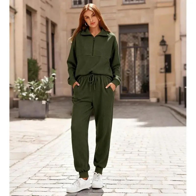 Women's 2-Piece Ribbed Half-Zip Sweatshirt & Jogger Pants Set