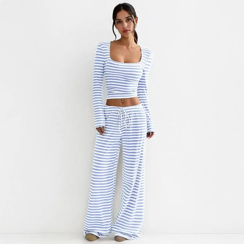Women's 2 Piece Outfit Striped Square Neck Long Sleeve Crop Tops and Pants Set
