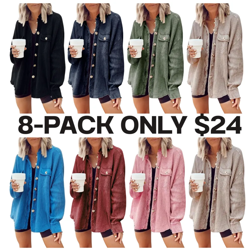 Women's Loose Fit Batwing Sleeve Waffle Knit Button Down Shirt Shacket Tops