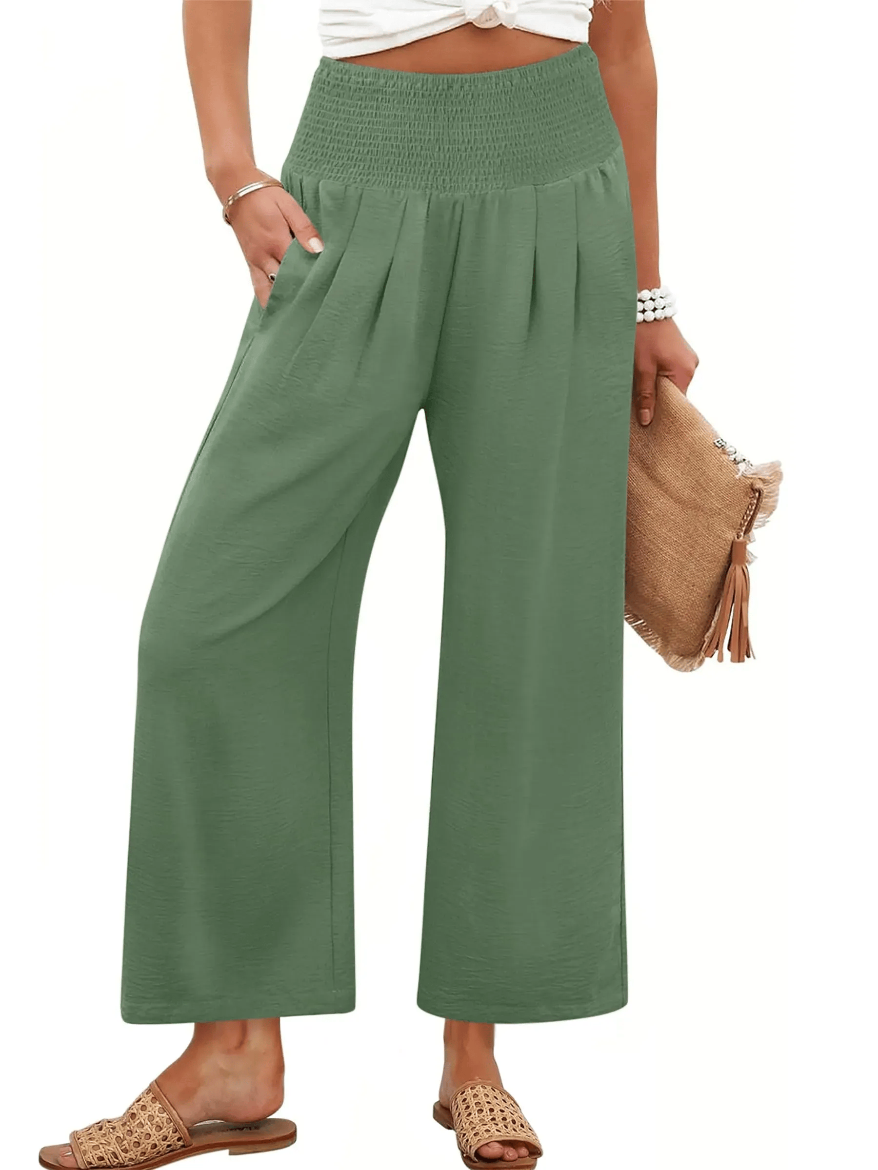 Women's Smocked Waist Wide Leg Palazzo Pants   Linen Trousers Solid Color Summer Pants Ladies Loose Fit Casual Wide Leg Pants with Pockets Lightweight Palazzo Long Pants Casual Beach Holiday