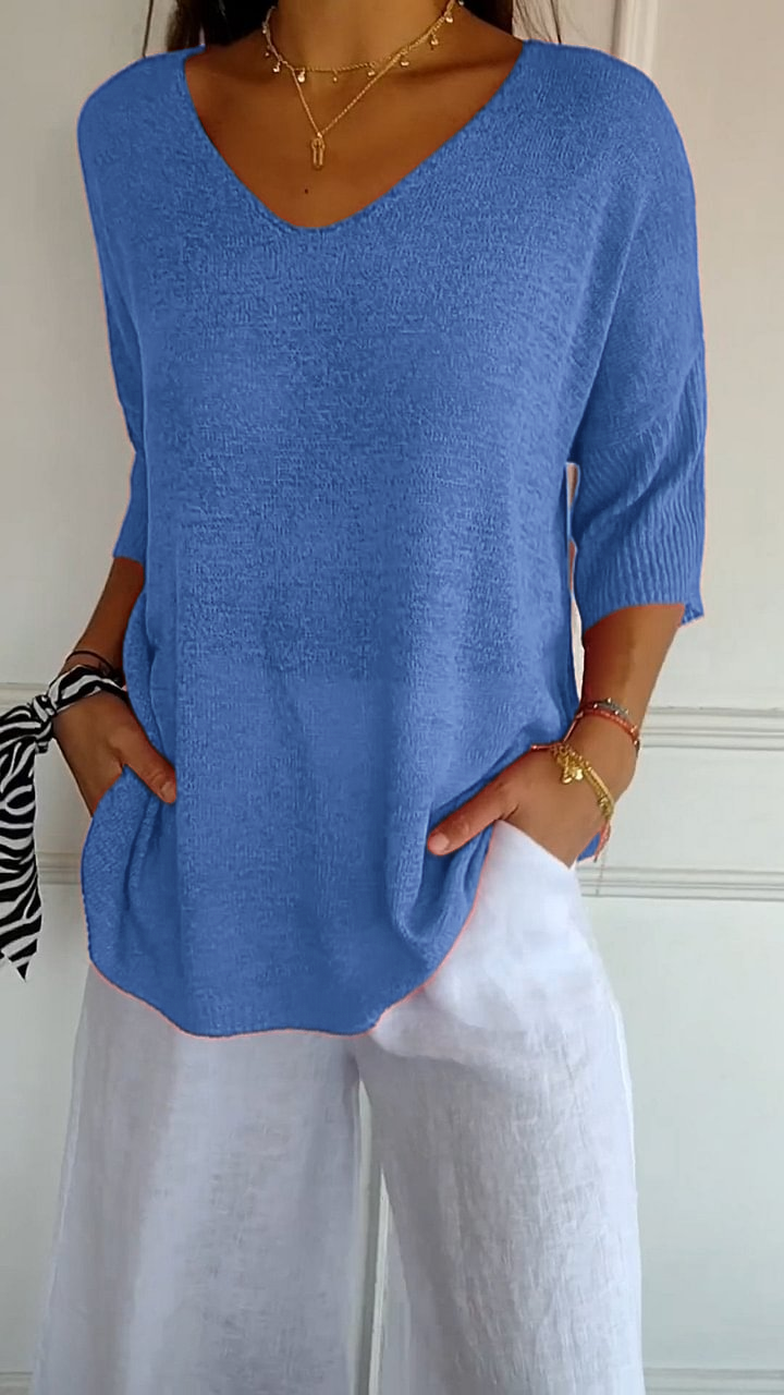 Solid Color Knitted V-neck Top